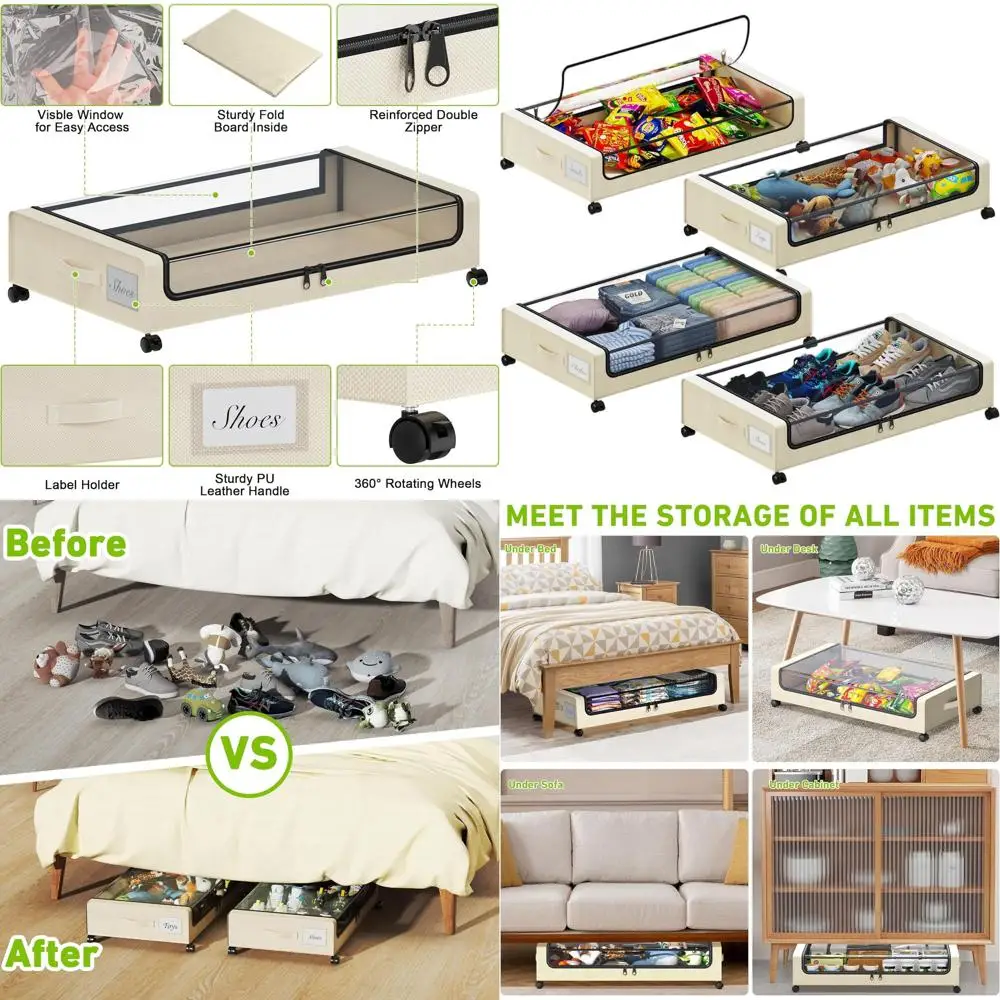 

XXL 60L Rolling Underbed Storage Bins with Lids and Labels, 4-Pack Beige for Clothes, Shoes, Books, and Toys