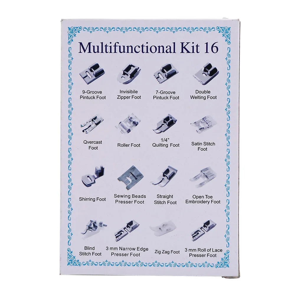 مجموعة من ملحقات ماكينة الخياطة ، مجموعة من 16 قطعة ، لوازم قدم مكبس ، مع صندوق للأخوة ، المغني ، ديي ، خياط