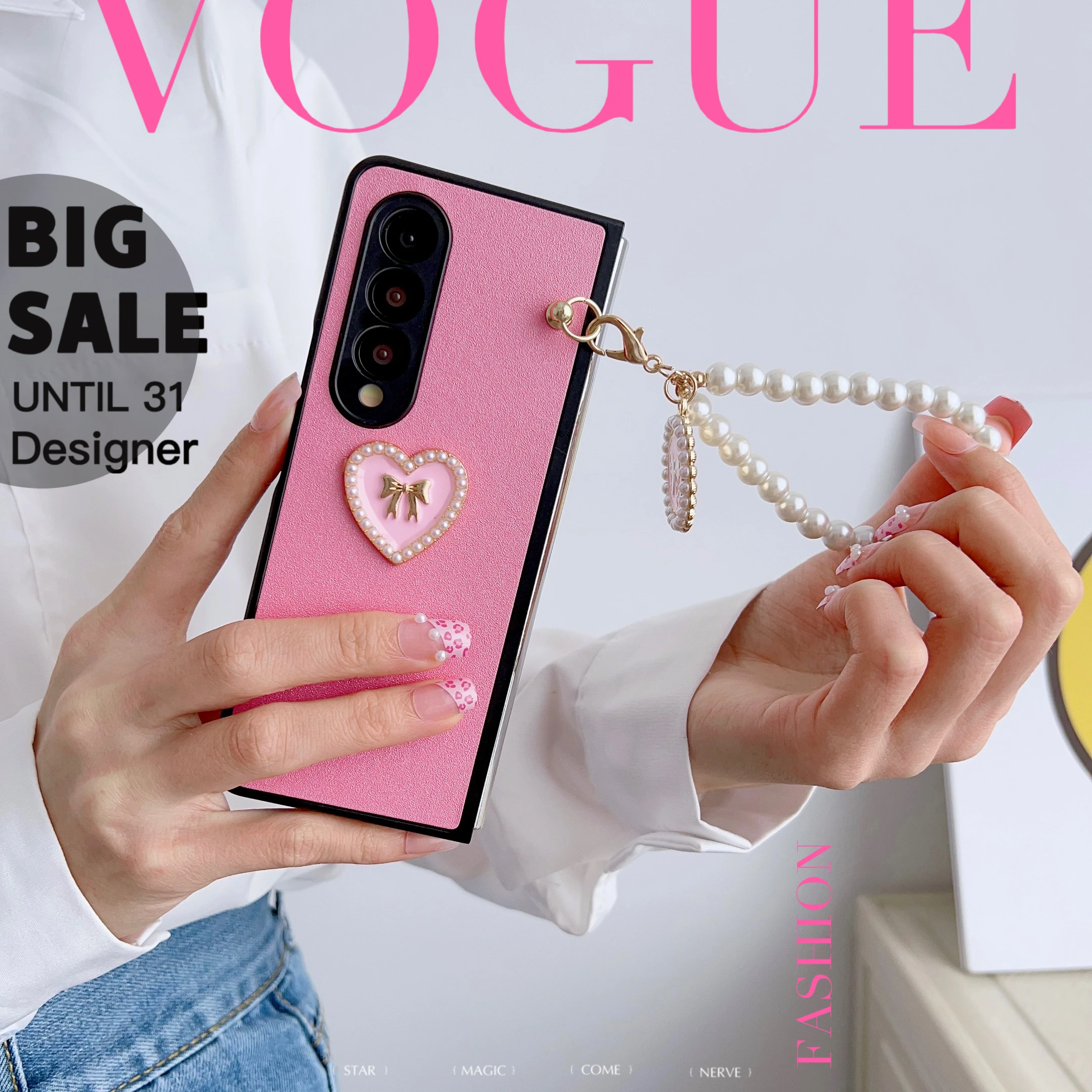 

for Samsung Galaxy Z Fold 7 Fashion Bow Pearl Bracelet Chain Love Heart Leather Phone Case for Galaxy Z Fold 6 5 4 Cover