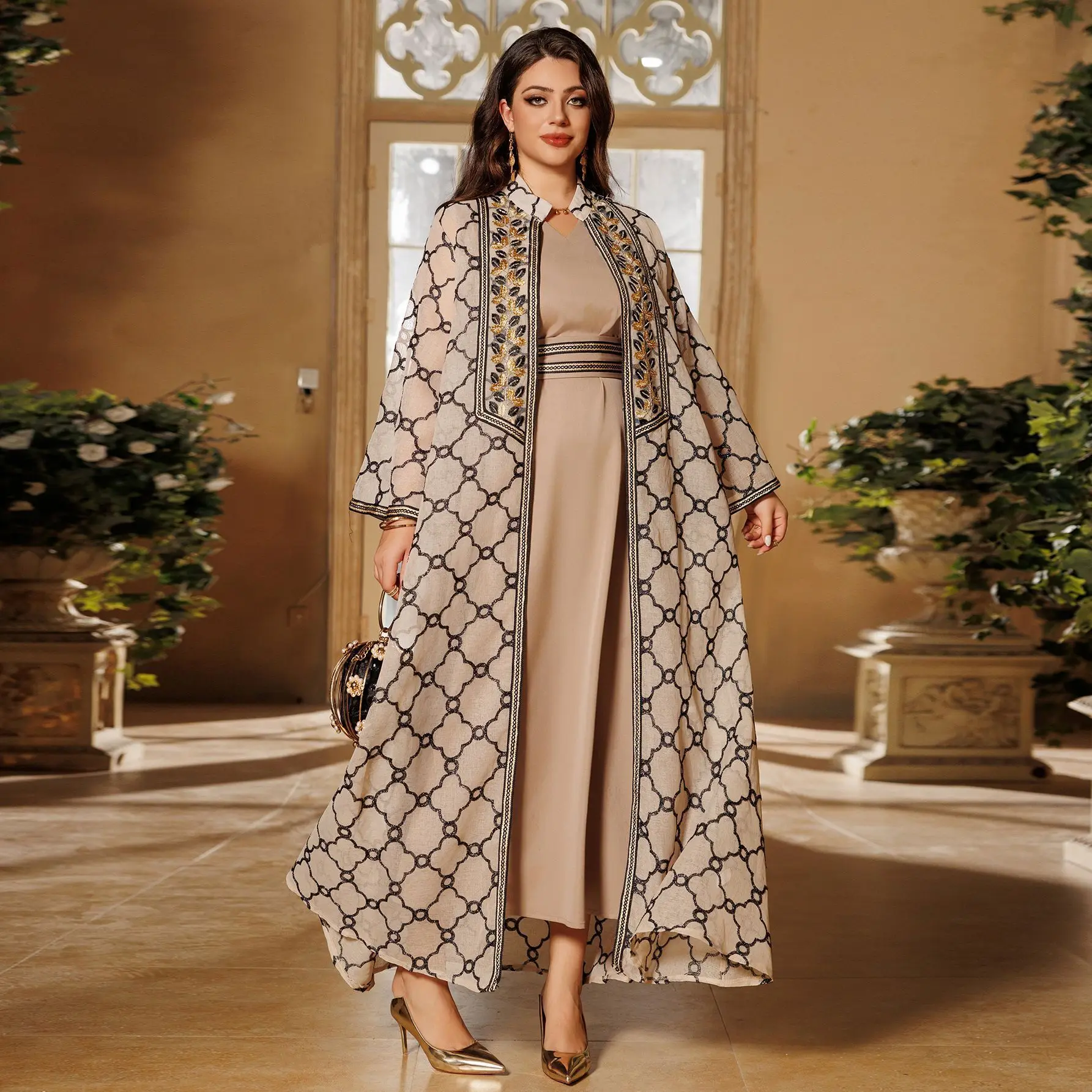 

Ab416 Fashionable Long Skirt Women's Embroidered Cardigan Vest Set Skirt Robe Abaya Ramadan Dubai Luxury Islam Elegant