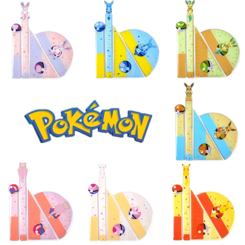 Pokemon Plastic Ruler Student Stationery Eevee Pikachu Triangle Protractor Set Anime Peripheral Children Toys Birthday Gift