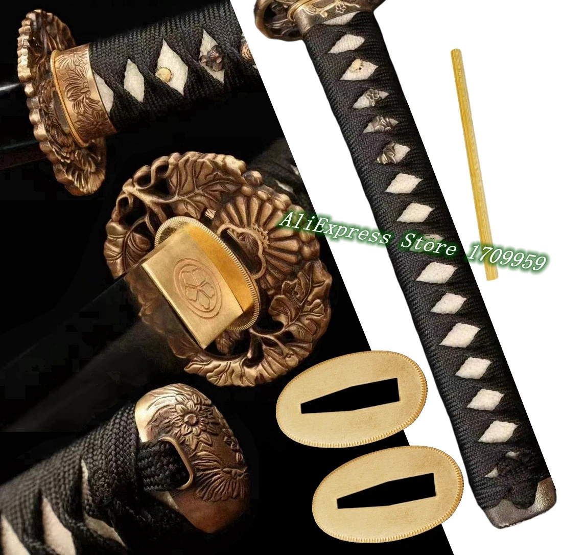 

Real Ray Skin Katana Handle Tsuka Japanese Sword Chrysanthemum Theme Set Fittings Brass Tsuba+Menuki+Fuchi+Kashira+Habaki+Seppa