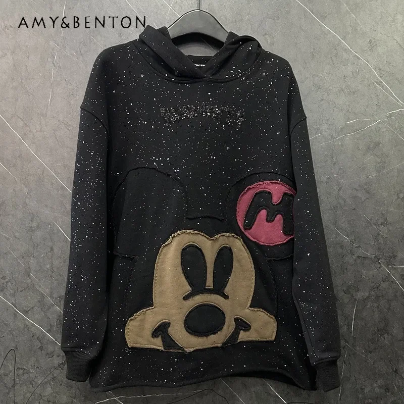 

2024 Autumn Heavy Industry Sticker Embroidery Cartoon Micro-flash Hooded Sweatshirt Women's Loose Fashion Design Top Y2k Hoodies