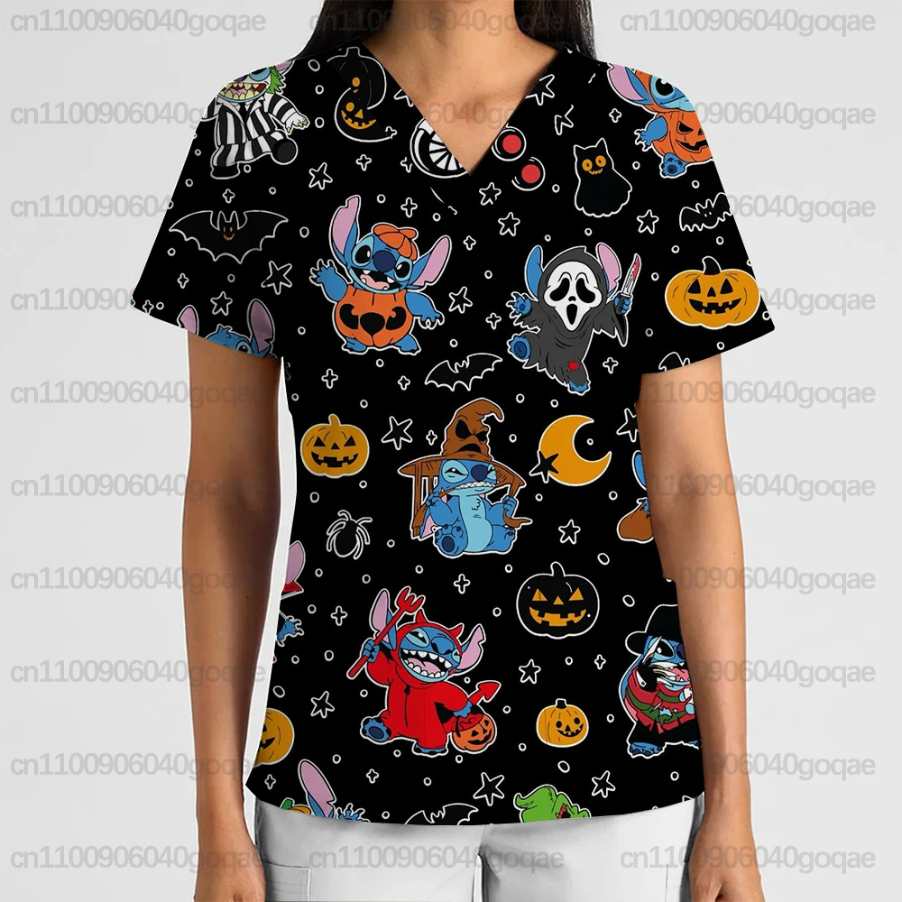 

New Summer Halloween Disney Stitch Print Women's V-Neck Pocket Scrub Top Beauty Salon Spa Women's T-shirt Work Uniform Spa Top