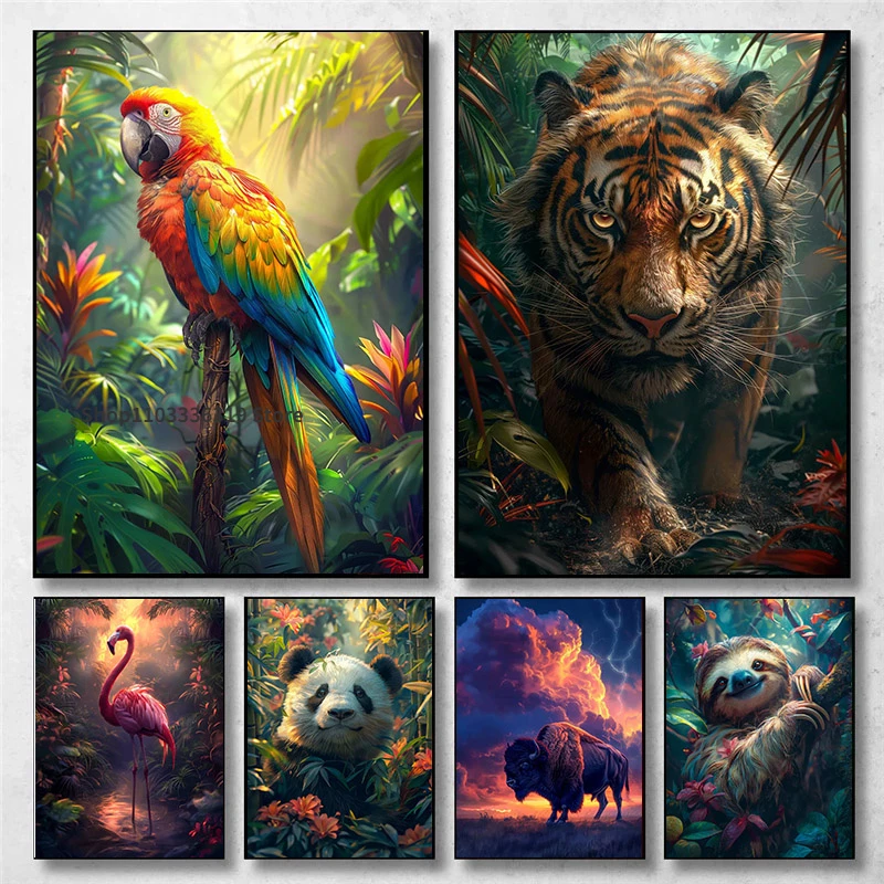 Fantasy Style  Jungle Animal Tiger Leopard Parrot Art Poster Canvas Painting Wall Prints Picture for Living Room Home Decor