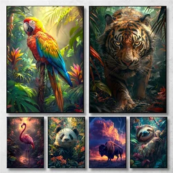 Fantasy Style Jungle Animal Tiger Leopard Parrot Art Poster Canvas Painting Wall Prints Picture for Living Room Home Decor