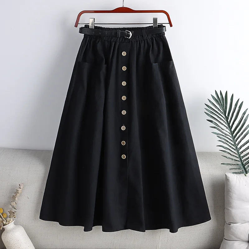 Single Breasted Skirt Women Spring 2022 Autumn Fashion High Waist Pleated Skirt Female A Line Skirt With Belt