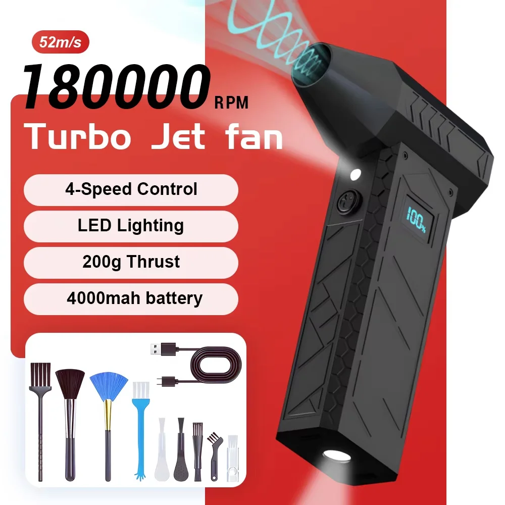 Turbo Jet Fan 180000rpm LED Light 4000mah Battery Level Display Powerful Air Blower 4 Gear Speed Turbo Jet Blower Dust Blowing