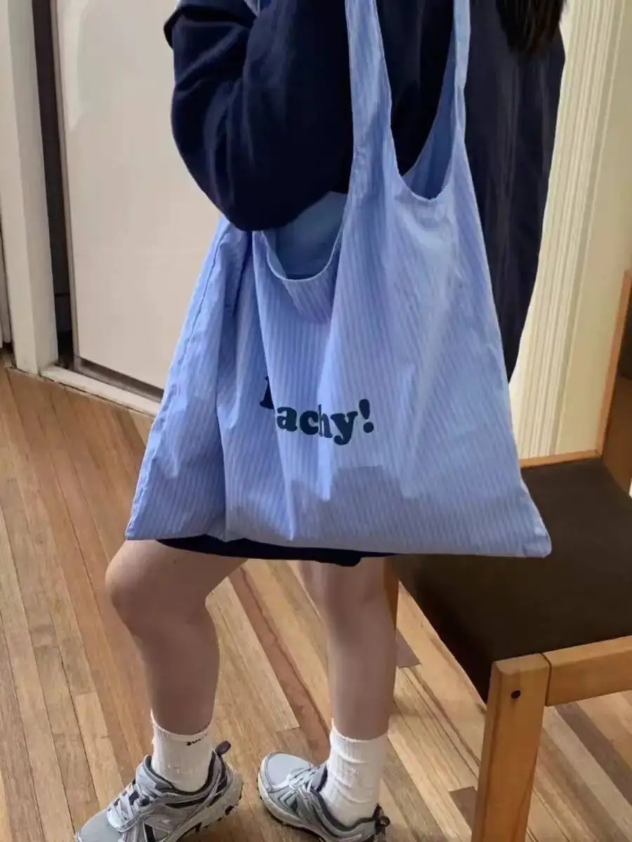 Bloom Stripe Blue Large Capacity Canvas For Women 2025 New Summer Tote Bag Female Korean Style Y2k Handbag Bolsos De Mujer