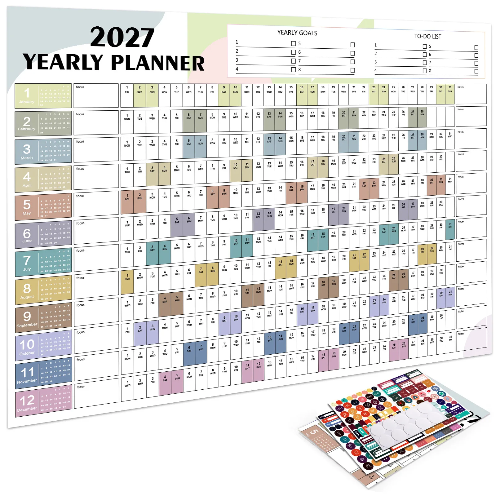 Image of Kalenderwand 2027 Neuer Jahresplaner Tagesplaner Blatt Papier 365-Tage-Plan Jährlicher Hängeplaner Wochenplaner Notizblock Monat 12
