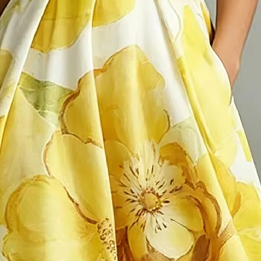 

Women's Elegant Bright Yellow Watercolor Big Floral Print Dress Stand Collar Short Sleeve Pocket Summer Casual Resort Dress