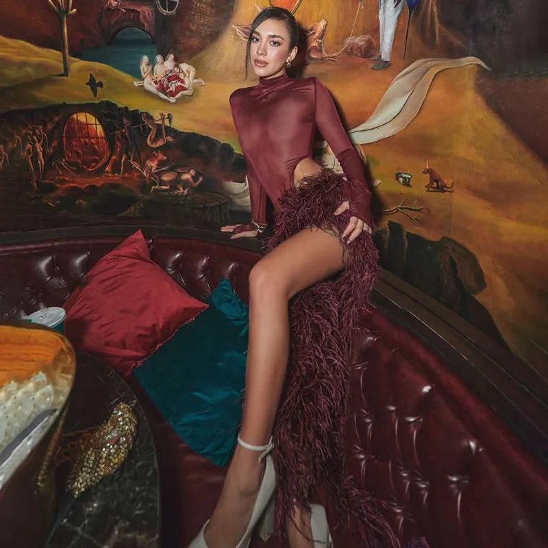 Feather Prom Dress 2 Pcs Full Sleeve Women Jumpsuit+Sexy Split Skirt Autumn Formal Wedding Guest Robes Banquet Bridal Gown