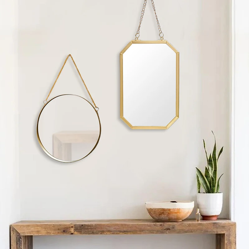 Bedroom Cosmetic Mirror Round Square Hexagon Shape Makeup Hanging HD Mirror Metal Wall Decor No-Punch Bathroom Room Decorations