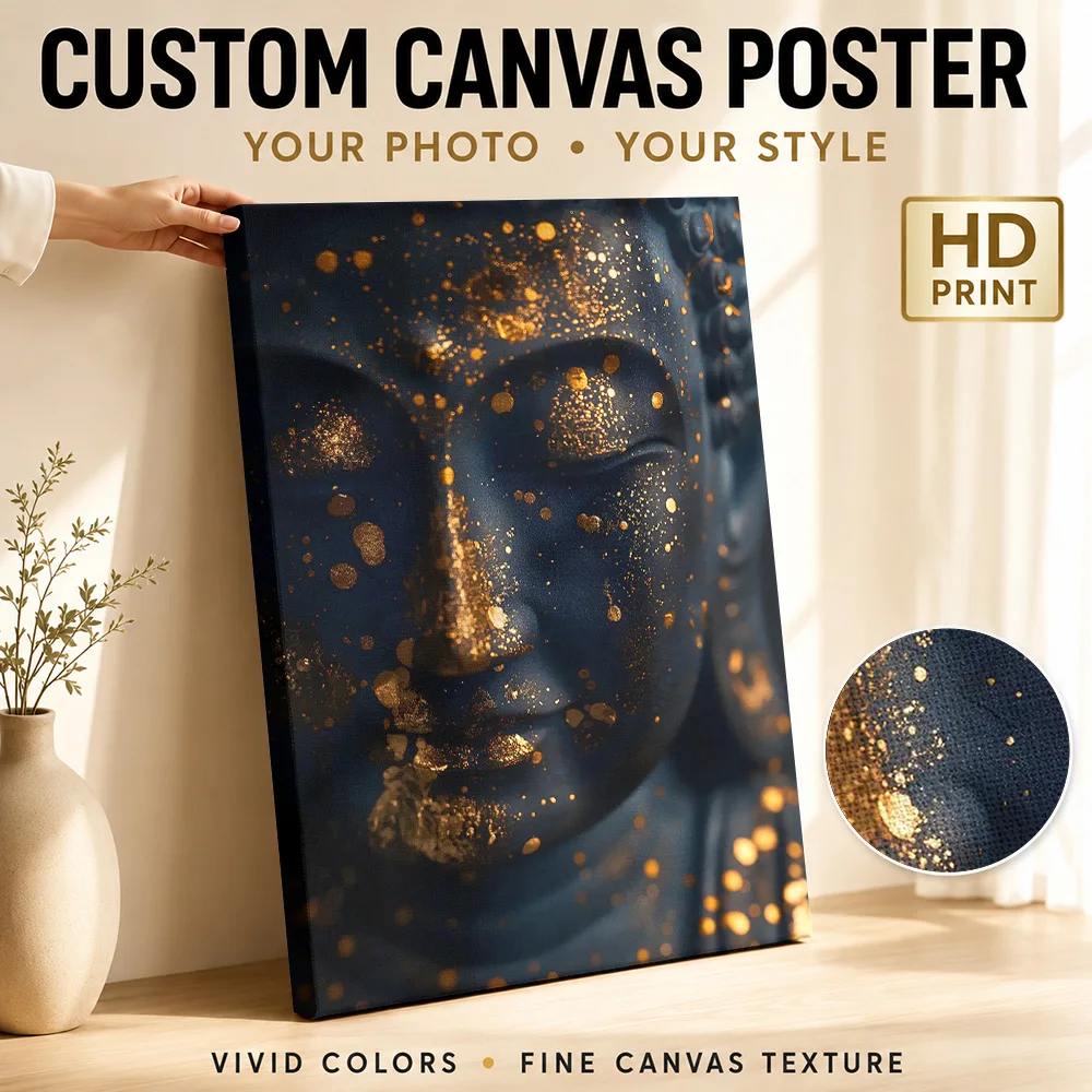 Gold Leaf Buddha Statue Framed Canvas Print Poster Custom Japanese Inspired Wall Art for Bedroom Decor Ready to Hang Home Gift