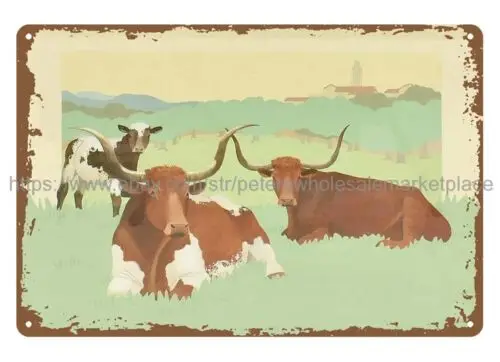 vintage reproduction LIVESTOCK PAINTING Longhorns and Cow metal tin sign tin sign