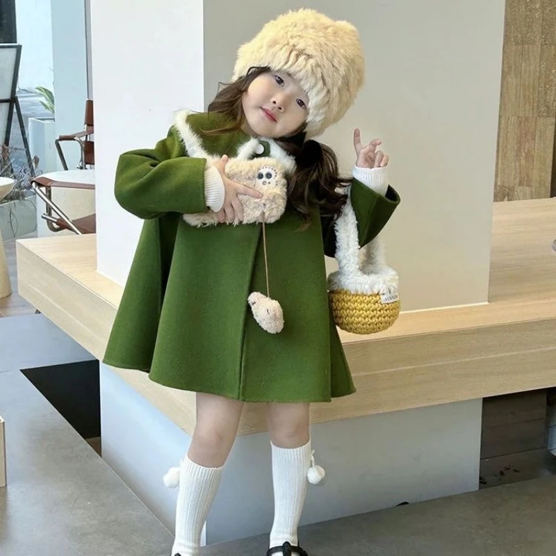 Girls Woolen Coat Overcoat Jacket Windbreak 2023 Loose Warm Thicken Winter Cotton Teenagers Outwear Children's Clothing