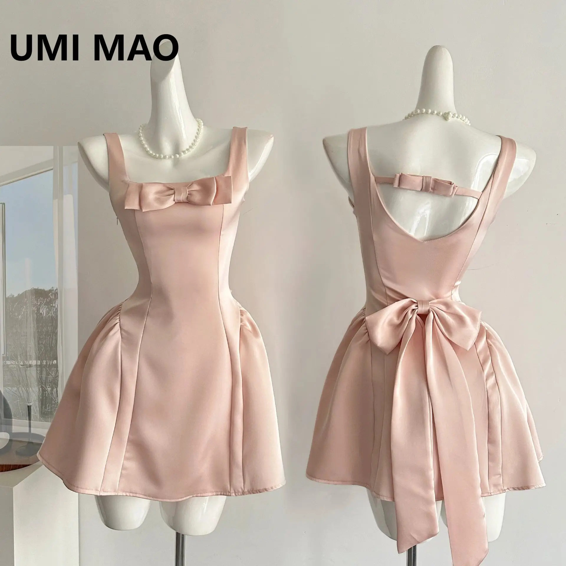 

UMI MAO Sweet Dress Women Summer New Korean Fashion Elegant Miss Sweet Pure Desire Show Thin Bow Strap Princess Dress Femme