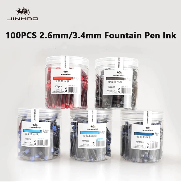 jinhao 100 pecas 26 mm 34 mm preto azul caneta tinteiro tinta universal cartuchos recargas papelaria escola escritorio material de tinta 01