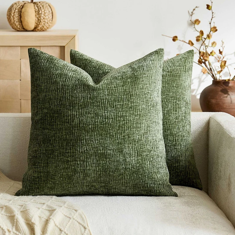 Green Soft Chenille Throw Pillow Covers 18x18 Inch Solid Cushion Cover Modern Farmhouse for Sofa Bed Living Room Home Decor