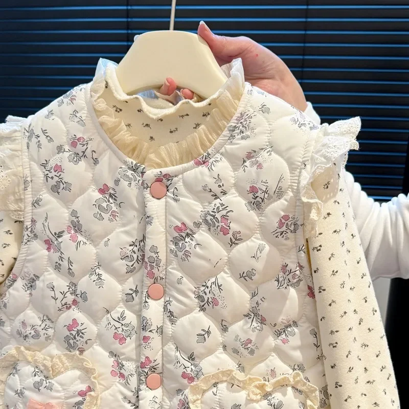 UNITIM Herbst Winter Kinder Mädchen Weste 2-8 Jahre Mädchen Blumendruck Ärmellose Jacke Lose Verdickte Warme Kinder Mädchen Oberbekleidung – Detail 4