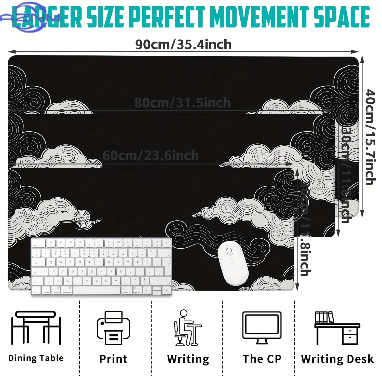Extra Large Non-Slip Desk Mat with Cloud Motifs Design - Black & White Swirl Pattern Gaming Mouse Pad & Keyboard Cover for Offic