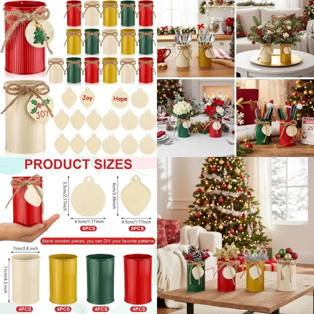 

Farmhouse Style Galvanized Metal Vases, 4.33 Tall, Set of 16 for Rustic Christmas Centerpieces with Twine Bows and Wooden Cutout