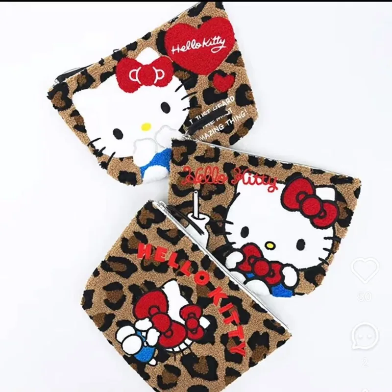 

Hello Kitty Leopard Print Makeup Bag Cute Embroidery Large Capacity Student Stationery Storage Bag Wholesale Women Accessories