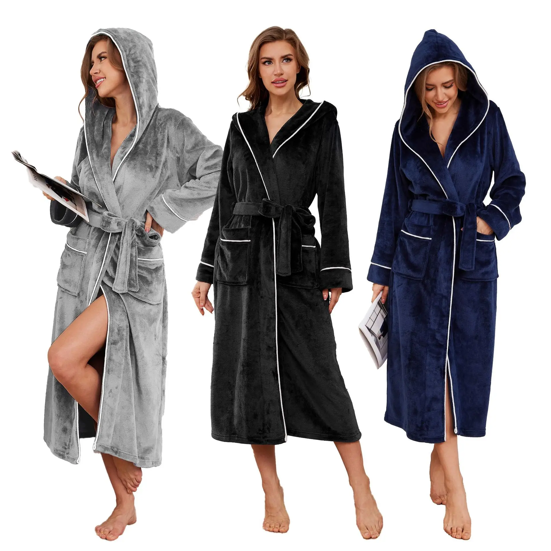 Winter New Arrivals Flannel Couple Robes Flannel Bathrobes and Pajamas Women's Thickened Coral Fleece Mid-length Bathrobes