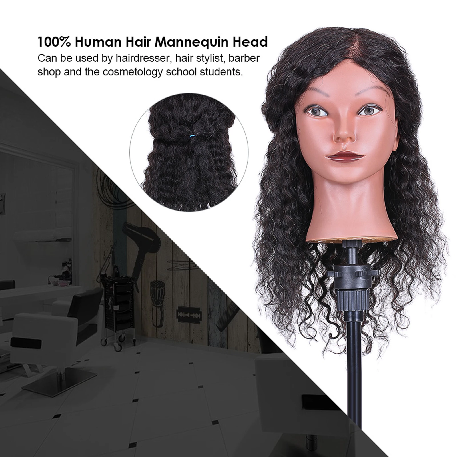 Mannequin Head 100%Real Hair Hairdresser Training Head With Tripod Manikin Cosmetology Doll Head For Braiding Styling