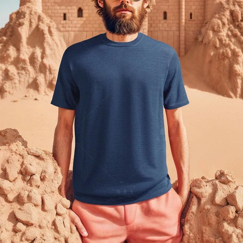 

Вязаная футболка с коротким рукавом для мужчин, базовый слой, модный городской стиль, круглый вырез, молодежная летняя одежда