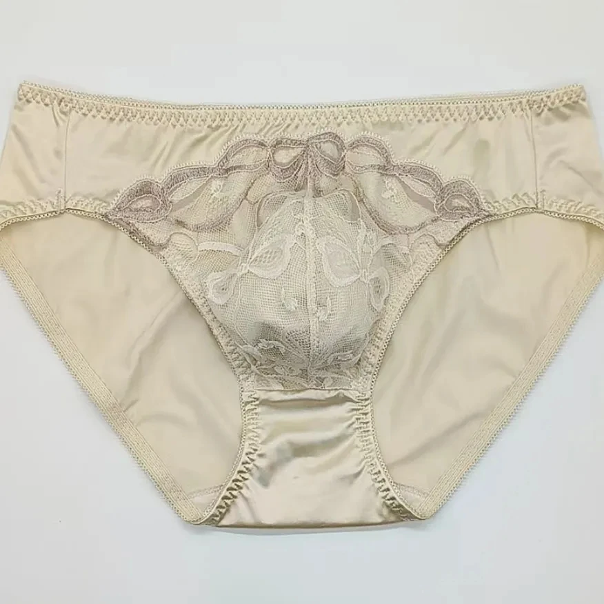 

Man's Embroidery Silky Touch Briefs Middle Low Waist Golden Color Live Show FKK Club Bar Costumes Dance Harajuku