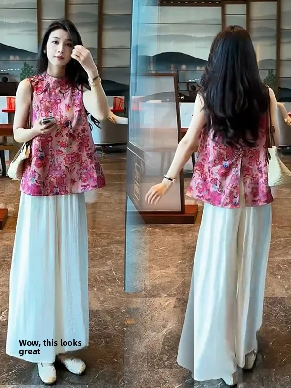 

Новый летний женский комплект в стиле ретро: свободная повседневная белая рубашка-жилет и широкие брюки