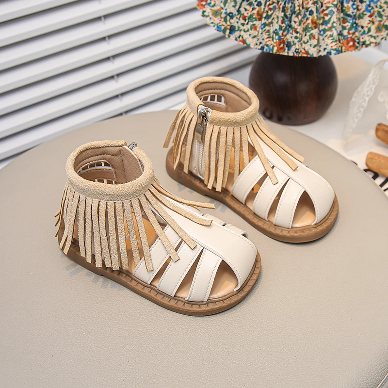 Children Tassel Roman Sandals Easy on/Off Zipper Design Breathable PU Leather Casual Shoes for Kids Non-Slip Sole