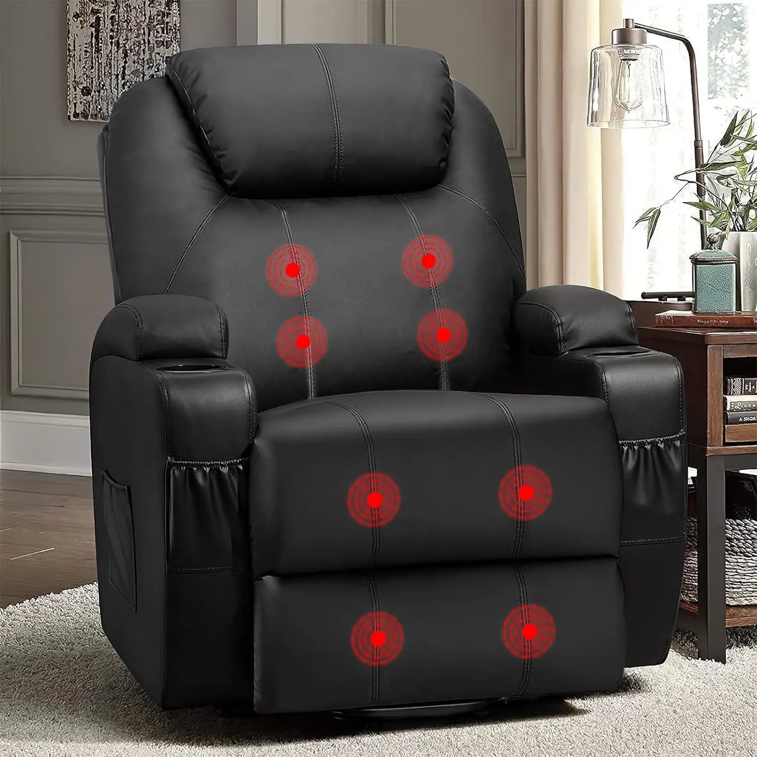 Power Lift Recliner Chair PU Leather with Massage for Elderly Ergonomic Lounge Chair Classic Single Sofa with 2 Cup Holders Side