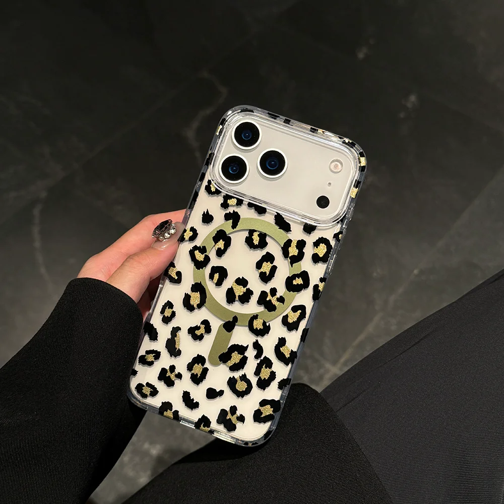 iPhone 11/12/13/14/15/16/17シリーズ対応 透明レオパード柄 マグネット式保護ケース 防水 耐衝撃 PC+TPU