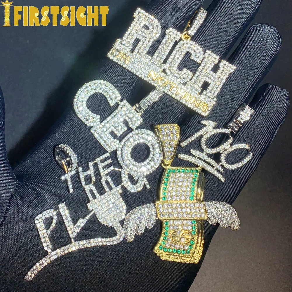 Iced Out Bling CZ Letter Rich Money Pendant Necklace Cubic Zirconia Silver Color CEO Badge Charm Men Fashion Hip Hop Jewelry