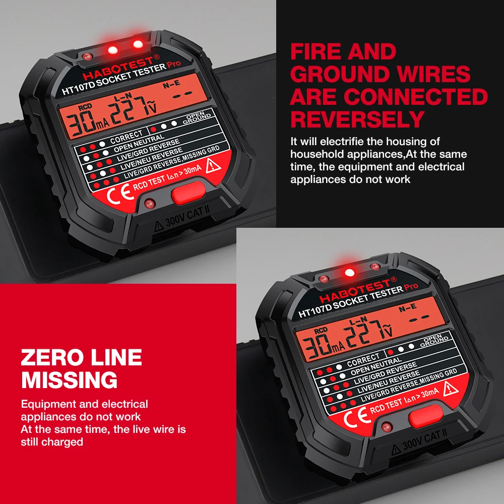 HABOTEST HT107 Socket Tester Pro Voltage Test RCD 5/30mA Socket Detector Ground Zero Line Plug Polarity Phase Check