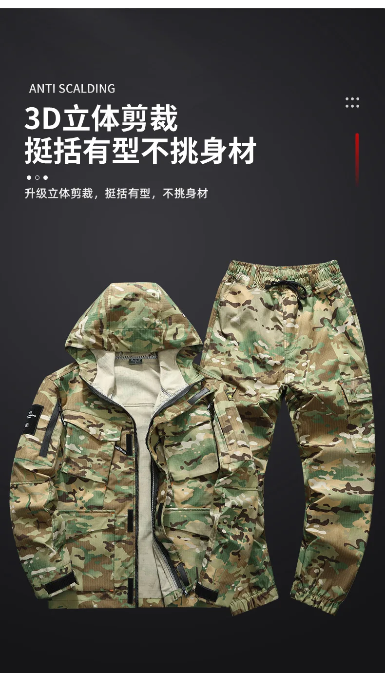 Frühling Herbst Herren Camo Ripstop Taktisches Zweiteiler-Set mit Kapuze, Mehrere Taschen, Verschleißfest, Elastische Manschetten, Arbeitskleidung, Jagd, Outdoor L – Detail 7