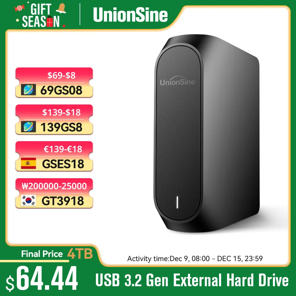 UnionSine 4TB 6TB 8TB 10TB 12TB 18TB 3.5 인치 USB 3.2세대 HDD 호환 외장 하드 디스크 PC/데스크톱/노트북/맥/Xbox/Xbox One/PS4/TV