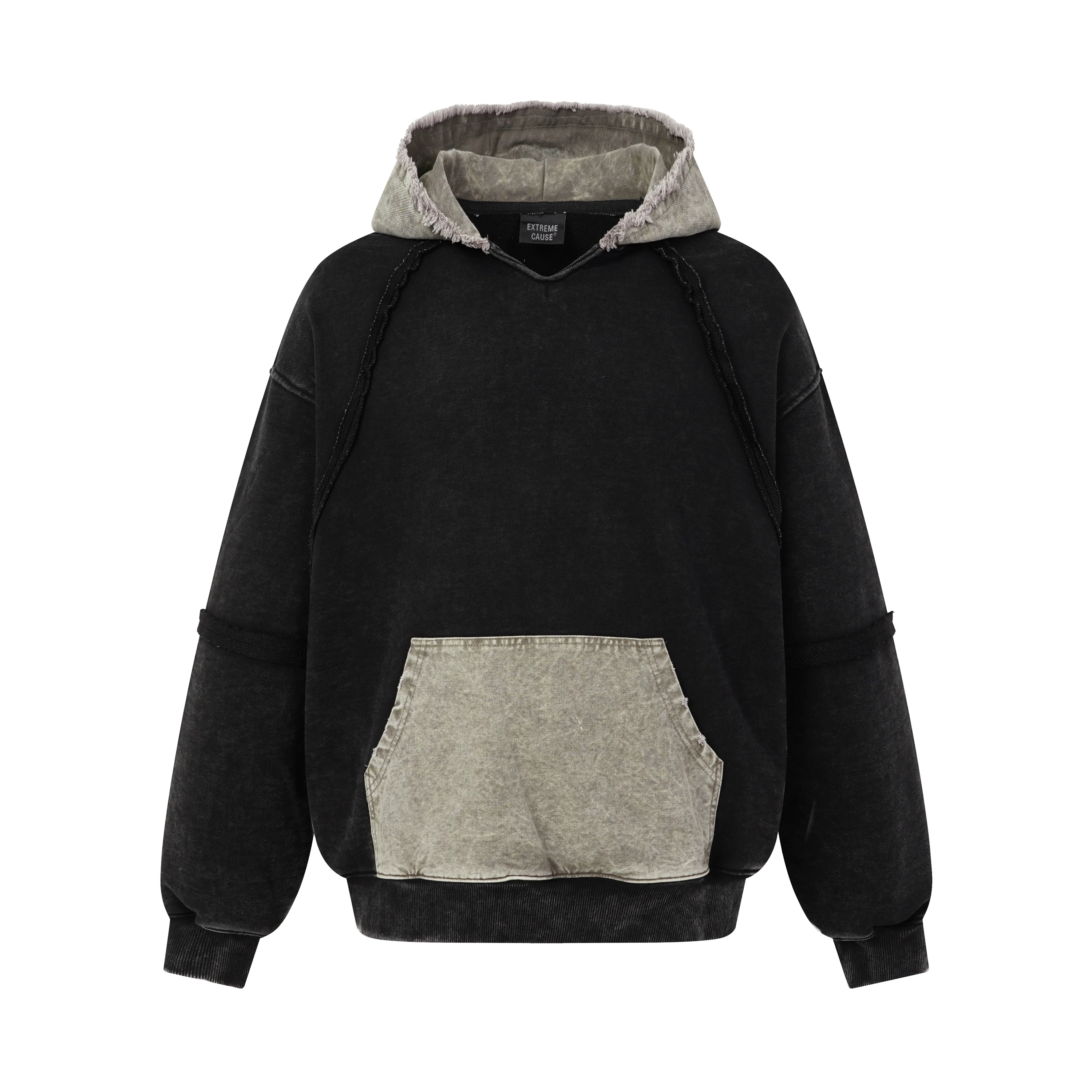 Men Vintage Washed Tie Dye Hoodie Raw Edge Patchwork Color Block Pocket Streetwear Oversized Sweatshirt