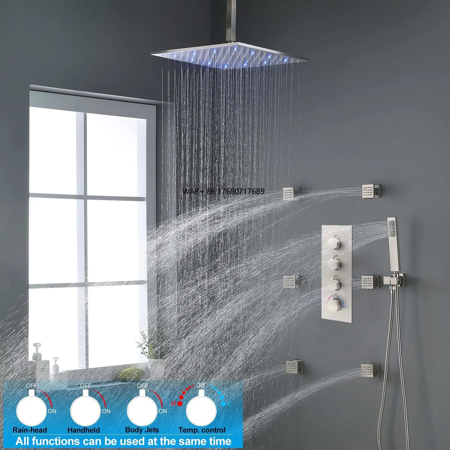 Chrome 12-Inch Modern Luxury LED Rainfall Shower Heads System Body Spray Brass Faucet Combo Set with 3-Year Warranty