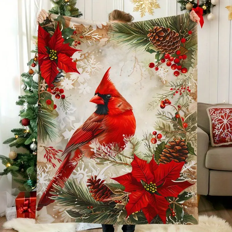 VIKAMA Christmas Throw Blanket Red Cardinal Poinsettia Pine Pinecone Soft Flannel Fleece Couch Blanket Holiday Home Decor