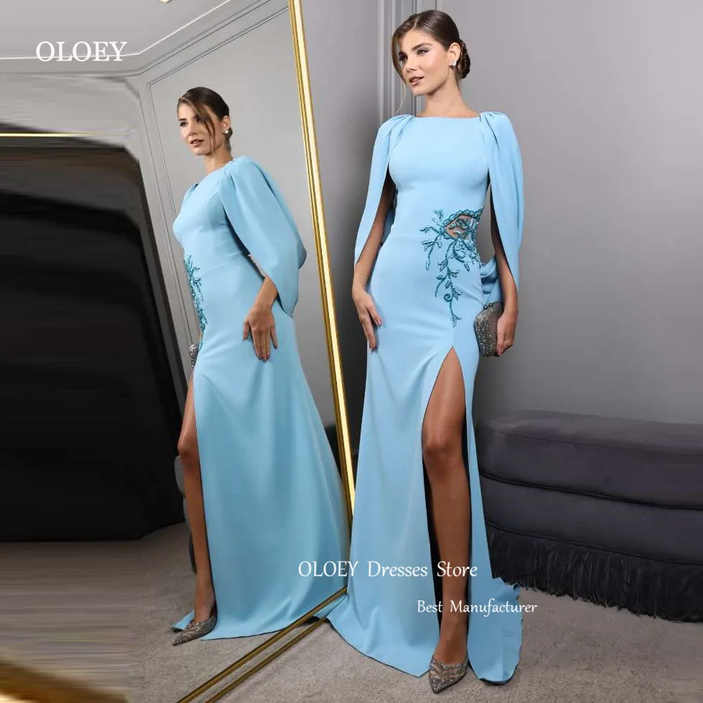 

OLOEY 2025 Elegant Blue Evening Dresses Women Embroidery Long Cape Sleeves Split Floor Length Formal Occasion Party Gowns