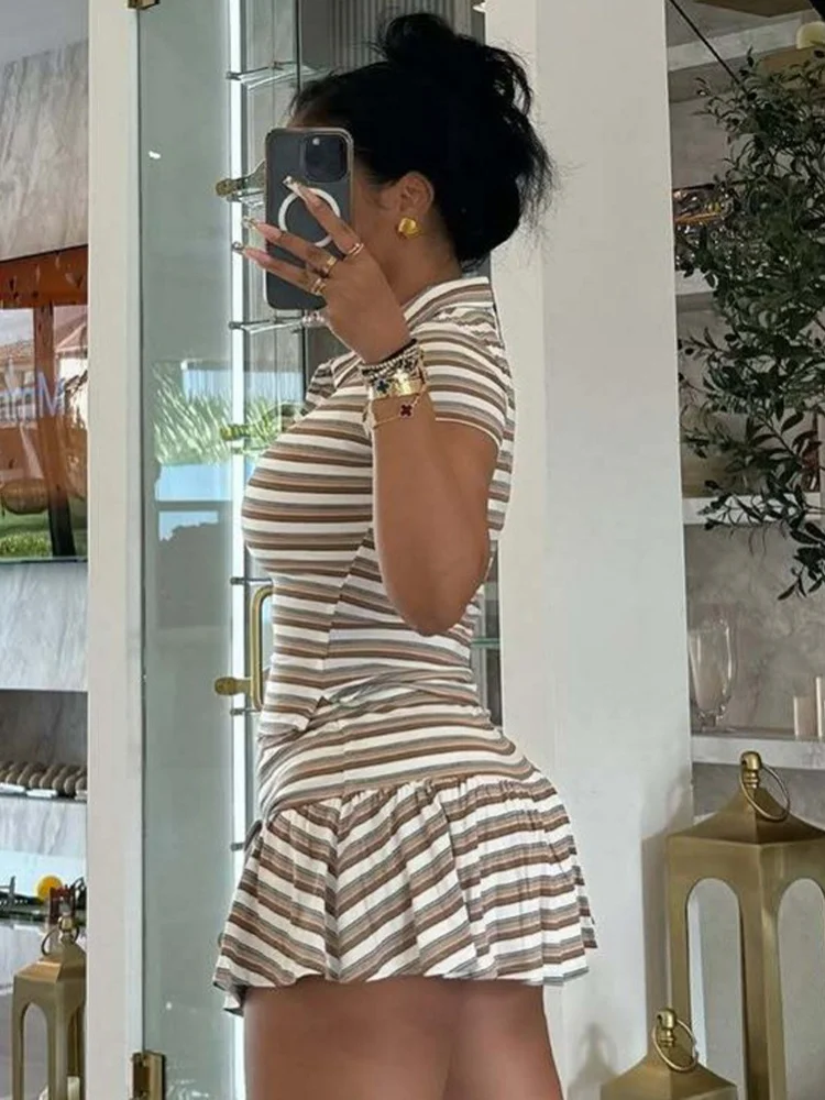

Striped 2-Piece Outfit Women Polo Neck Button Short Sleeve Crop Top Pleated Mini Skirt Summer Casual Y2K Streetwear Set