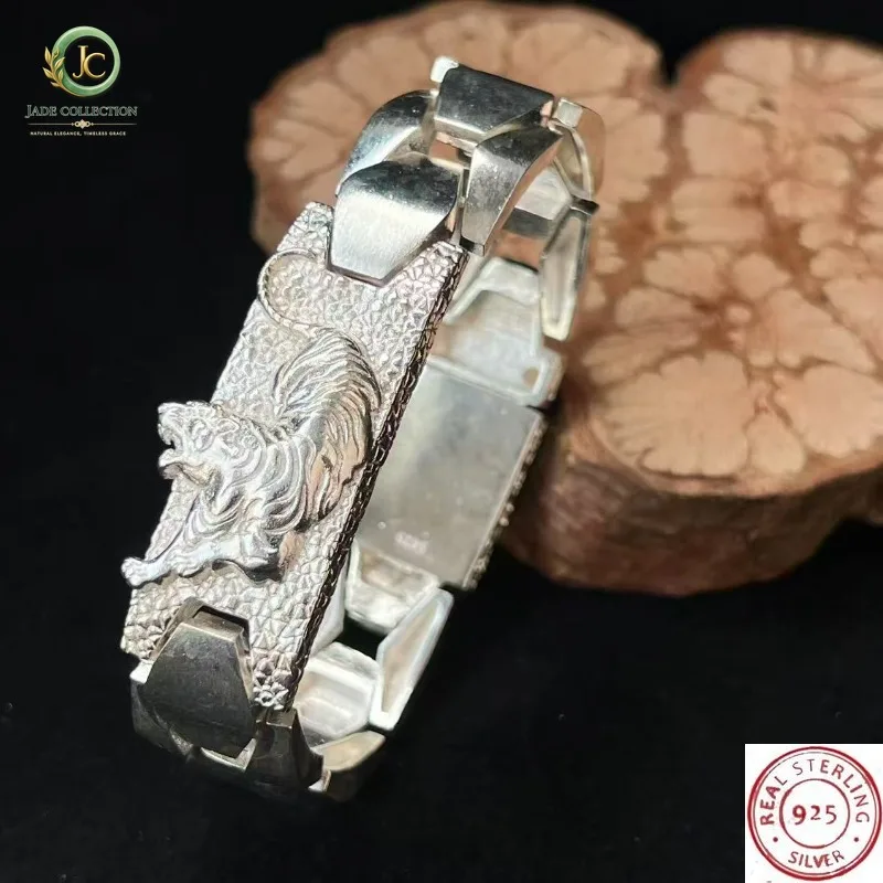 925 Antique Tibetan Silver Tiger Bracelet, Simple Design, Unisex Jewelry Accessories for Gift