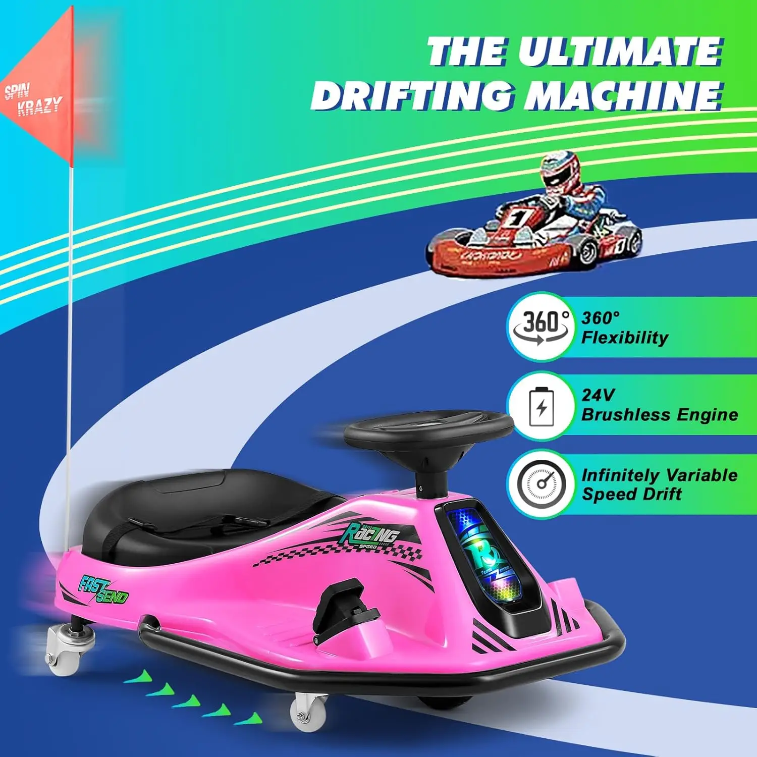 360 Degrees Rotating Ride On Drift Car and 2 Replacement Wheels, 24V Electric Drifting Go Kart for Kids W/High/Low Spee