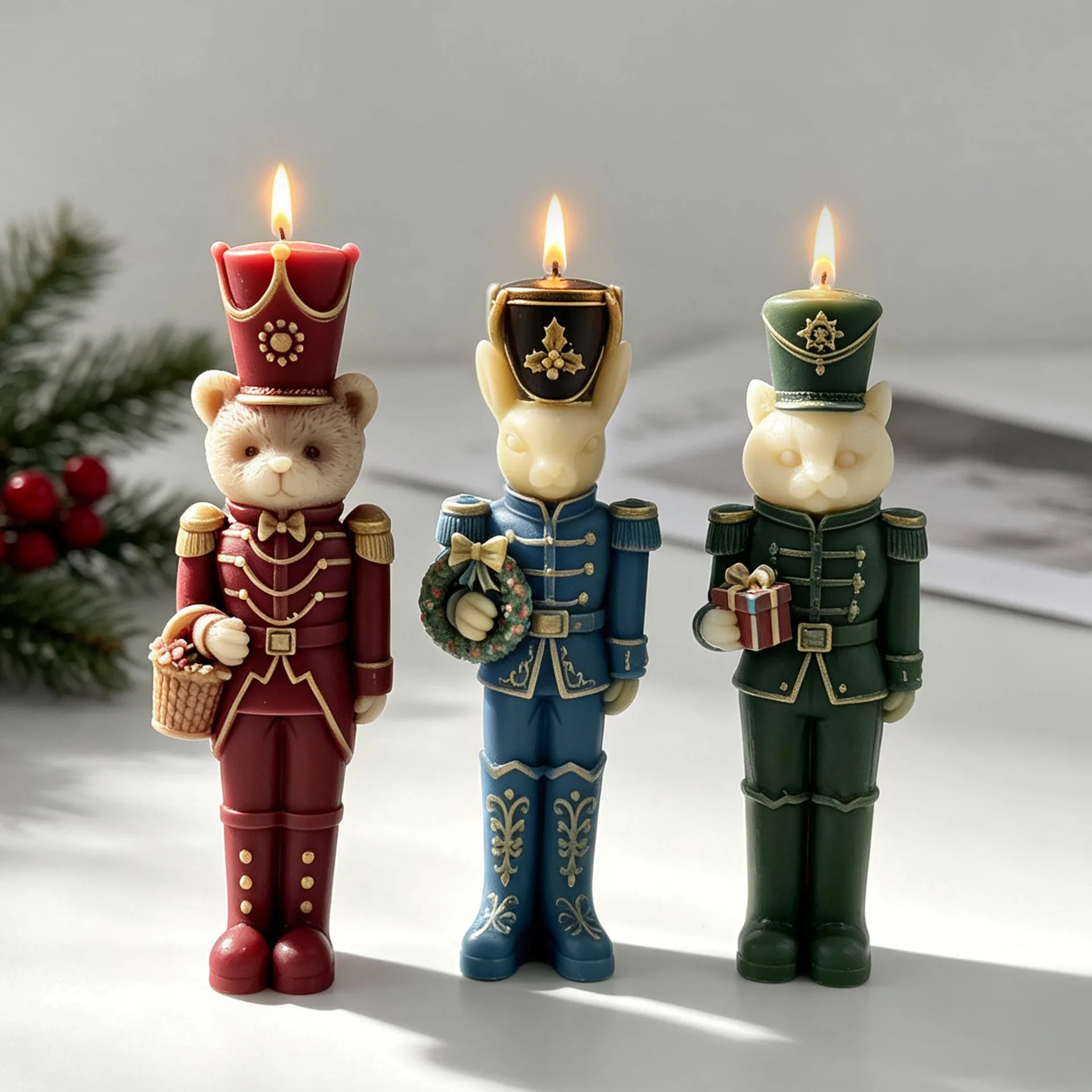 Creative Animal Walnut Soldiers Silicone Mold DIY Christmas Aroma Candle Mould Bear Soldiers Long Candle for Xmas Decoration