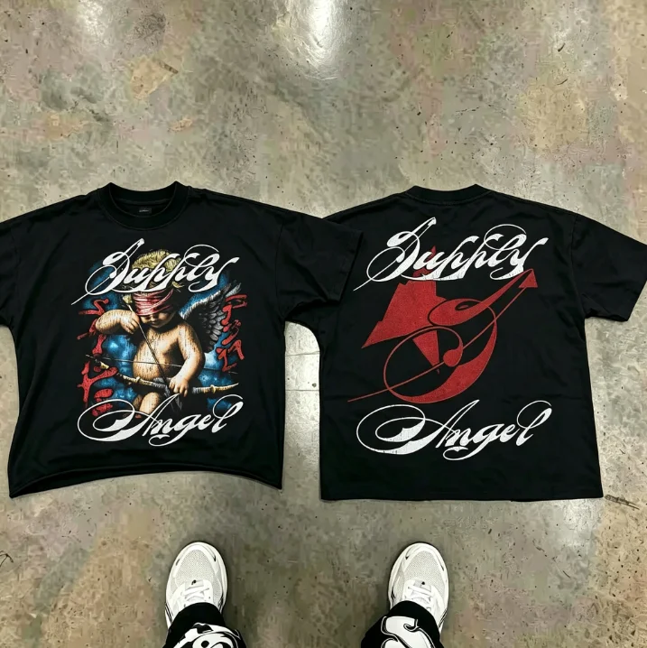 2026 Men Vintage Cherub Angel Graphic T Shirt Gothic Script Retro Streetwear Tee