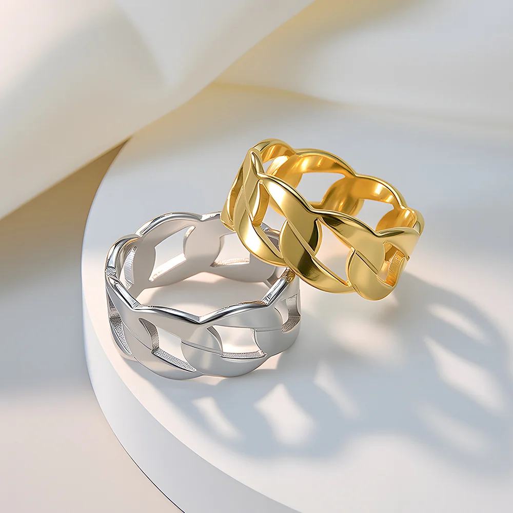 Offener Kettenglieder-Ring für Herren, goldfarben, aus poliertem Edelstahl, Schmuck mit ineinandergreifendem Muster, auffälliger, urbaner Stil. – Detail 3