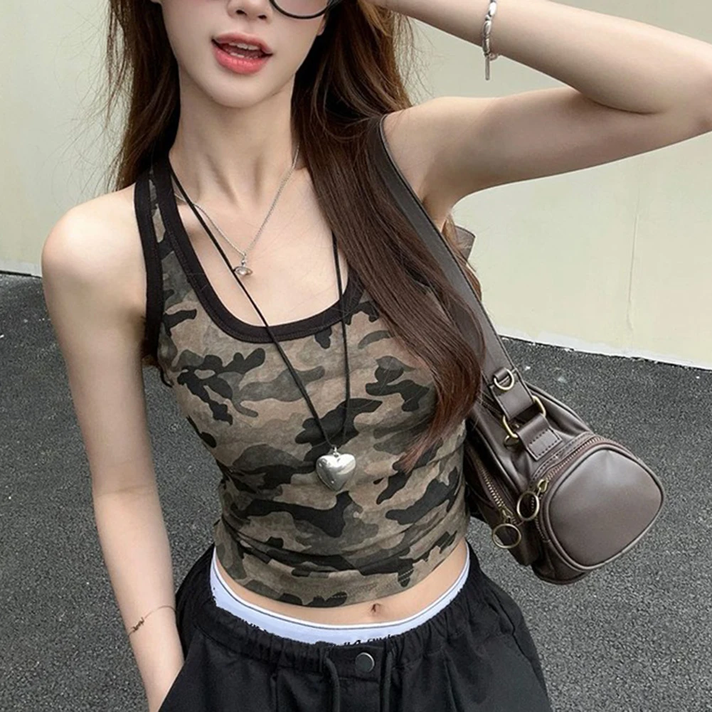 Dark Green Camouflage Sleeveless Vest For Women Summer Casual O Neck Slim Tank Top Holiday Vacation Daily Wear Clothing